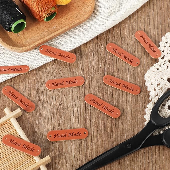 50 PU Leather Embossed Crochet Tags with Holes for Handmade Items, Knitting Hats & DIY Craft Supplies
