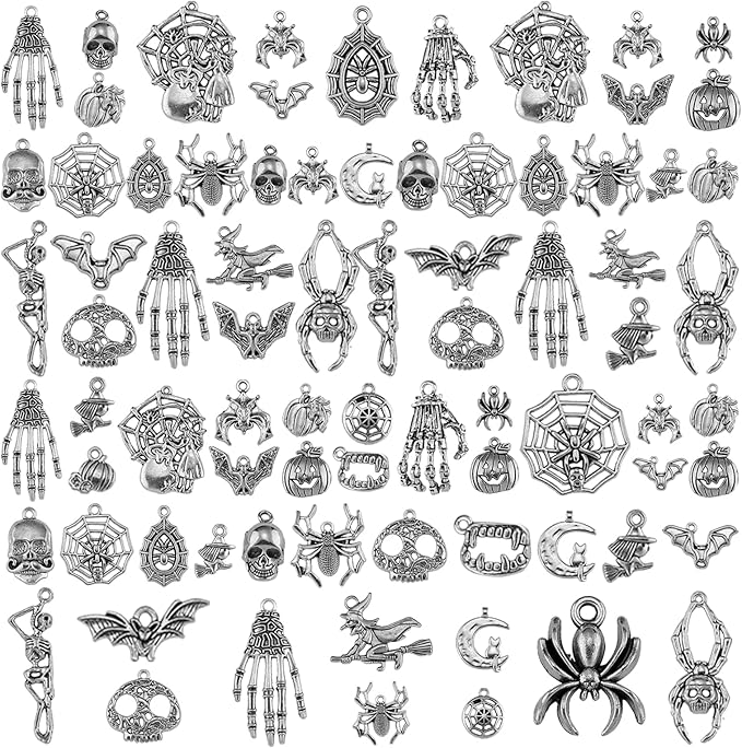 WEWAYSMILE 80Pcs Halloween Charm Pendant Antique Silver Bat, Spider Witch, Skull Mixed BulK Halloween Charm for Jewelry Making DIY Necklace Bracelet Earring Accessories