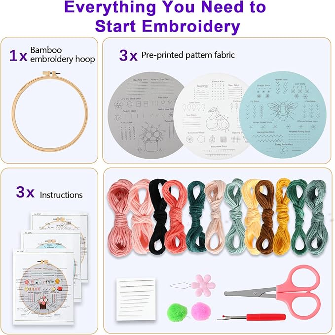 JOINRUN Beginner Embroidery Kit for Adults, 3 Pack Cross Stitch Kits with Pre-Printed Patterns, Threads, Needles, Learn Stitches with 7.8" Hoop, Video Tutorial, DIY Needlework Craft Gift for Women