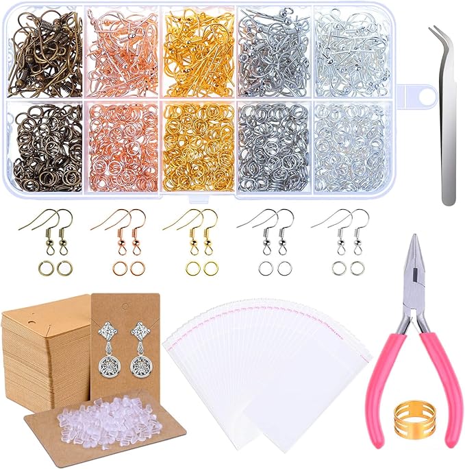 Paxcoo 1350pcs Earring Making Kit with Hooks, Rings, Pliers, Backs, Holder Cards and Clear Bags for DIY Earring Supplies and Findings