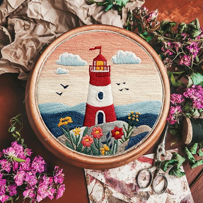 FONNUY Embroidery Kit for Beginners, Lighthouse Landscape Flowers Pre-Stamped Pattern Kits for Adults with Hoop, Easy to Follow Color Thread Needlework, 8'' Hoop (Orange)