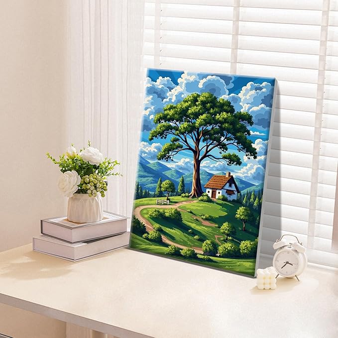 ATDMS Paint by Numbers Kit for Adults with Frame Landscape Paint by Number with Easel Tree Adult Paint by Number Kits Framed Canvas DIY Mountain Acrylic Oil Painting kits for Home Wall Decor 8x12 Inch