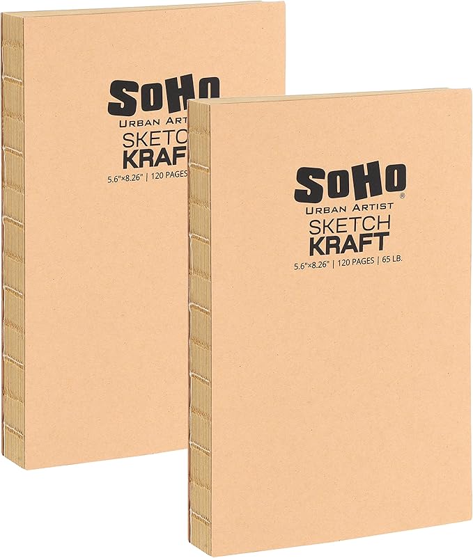 SoHo Urban Artist Open Bound Sketch Pads - Open Coptic Bound Sketch Pads for Drawing, Calligraphy, Any Dry Media, & More! - [Kraft - 5.6x8.26-2 Pack]