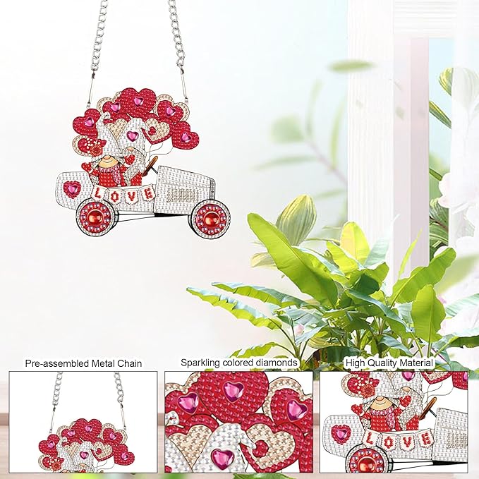 Wedding Car Diamond Art Hanging, DIY Acrylic Gemstone Pendant with Special Shaped Rhinestones, Love Gnome Diamond Painting Ornament for Wall, Door, or Home, Handmade Craft Gift for Valentine’s Day