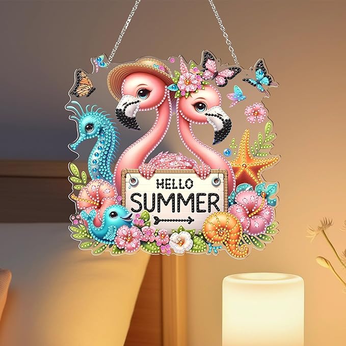 DIY Hanging Diamond Art Kit for Adult – 5D Gem Art Window & Wall Pendant, Acrylic Diamond Painting Ornament for Home & Garden Decoration (Summer Flamingos)