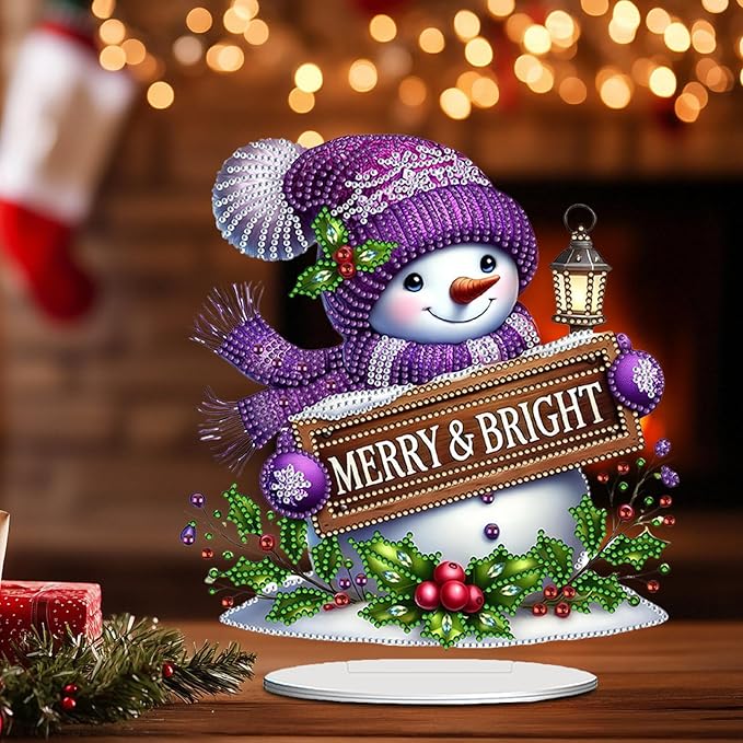 LAKEQUILL Christmas Diamond Painting Kits, Tabletop Ornament, Stand Up Diamond Art Desktop Kits for Home Office Decor, New Year Gift - Snowman (Purple)