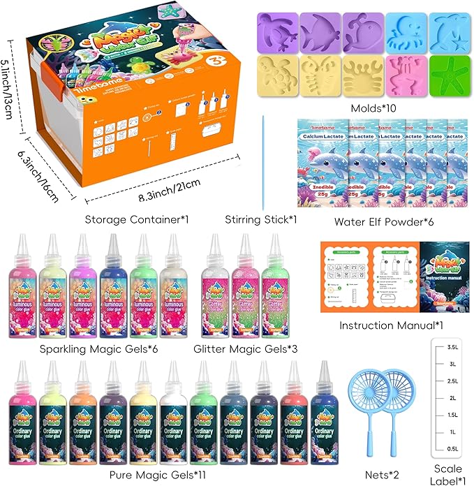 timetome magic water elf toy kit for kids – 20 gels (11 standard + 6 glitter + 3 glow) & 10 molds, diy squishy maker, aqua fairy gel toys, night glow & glitter, birthday gifts for boys & girls 3+