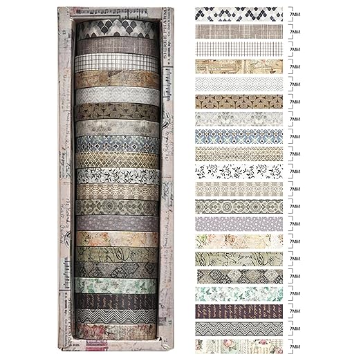 20 Rolls Skinny Vintage Washi Tape Set Retro Arts Adhesive Tapes Basic Patterns Decorative Masking Tape Sets for Craft, Kids, Scrapbook, DIY, Gift Wrapping (First Encounter)