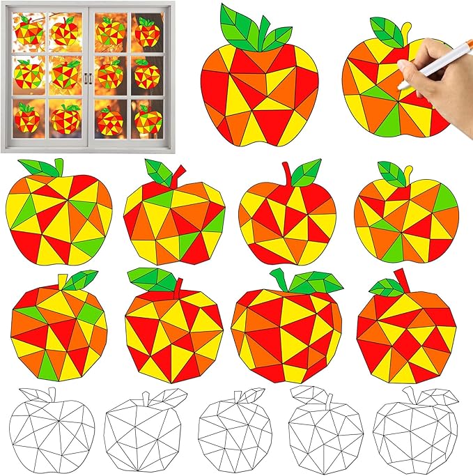 Qyeahkj 30Pcs Thanksgiving Fall Crafts Kits for Autumn Apple Suncatcher Ornaments Coloring Window Clings Color Your Own Fall Arts Crafts DIY Painting Party Gift for Home Decor