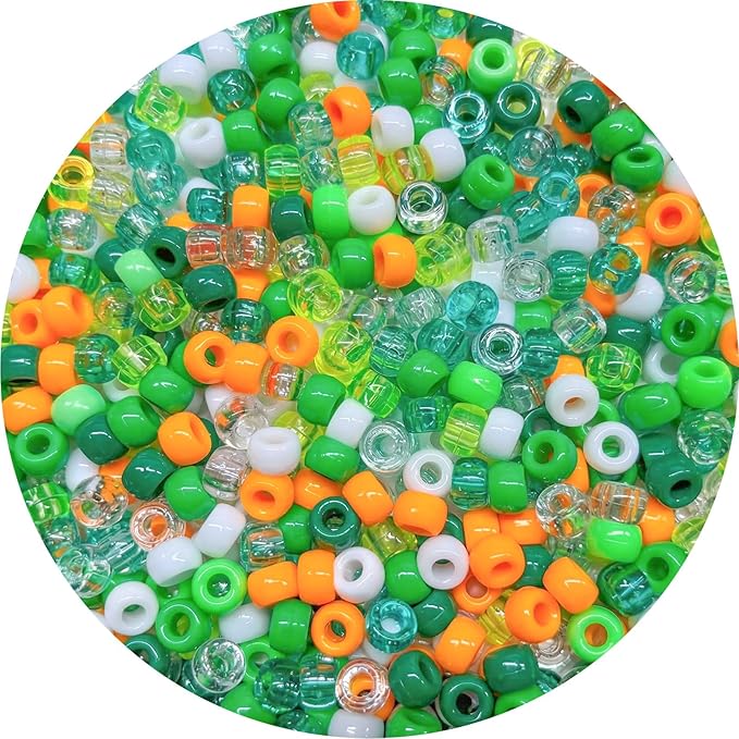 Spring Nature Pony Beads 1000pcs, Green Orange White Glitter Bead Mix, 9mm Craft Beads for Bracelets, Jewelry Making, DIY Shamrock Decorations, Crafts Party Kit