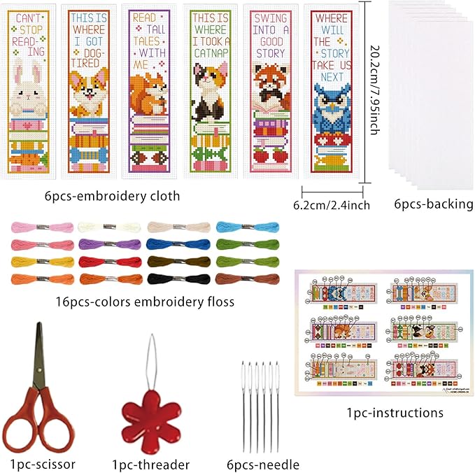 ORIGACH 6 Pcs Cross Stitch Bookmark Kit for Beginner Adults, Cute Animals and Books Stamped Embroidery Bookmark Kit with Instruction for Starters Printed Cross Stitch DIY Kits for Book Lovers