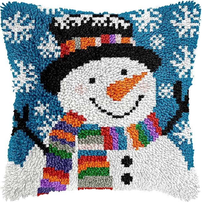 Cozykeke Snowman Latch Hook Kit,DIY Pillow Cover Cushion Craft Kits with Pre-Printed Canvas for Adults and Beginners, Suitable for Home Decor and Festival Gift 17 * 17in (BX52)