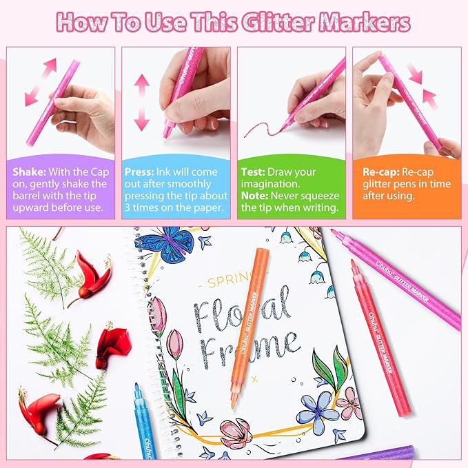 Ohuhu Glitter Markers Pen: 12 Glitter Colors Metallic Shimmer Marker Fine Tip Water-based Ink for Kids Adults DIY Crafts Greeting Birthday Cards Making Mugs Wood