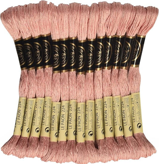 LE PAON Embroidery Floss, 14-Pack Six Strands 100% Long Staple Cotton Embroidery Thread, 8.7-Yard，Color Number：224, Light Shell Pink