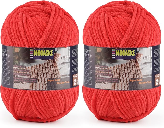 Chunky Velvet Yarn for Crocheting, 2-Pack 14.1oz 524.8 Yards Total, Super Soft Chenille Plush Yarn for Baby Blankets, Amigurumi, Scarves | 20 Colors (2, Red)