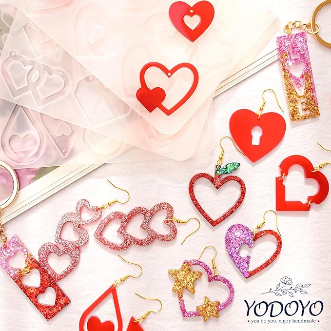 YODOYO Christmas Resin Earrings Mold 5PCS Love Theme Earring Keychain Making Kit UV Resin Molds Silicone DIY Heart Earring Jewelry Making Supplies for Earrings, Necklaces, Pendants, Keychains
