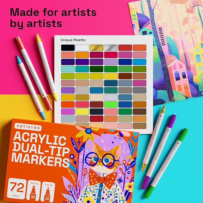 ARTISTRO 72 Acrylic Paint Markers for Rock, Fabric, Wood, Glass, Eggs - Dual-Tip Paint Pens for Coloring Books for Adults, Teens, Kids - Art & Craft Supplies - Gift Idea - Easter Basket Stuffers