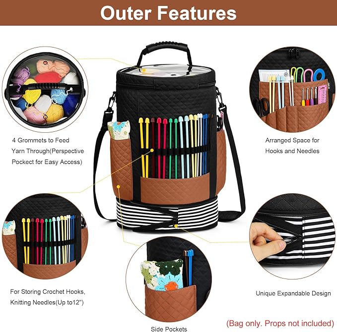 IBFUN Crochet Yarn Knitting Bag 3PCS - Expandable Yarn Storage Organizer Crocheting Bag with Accessories Cases Adjustable Strap for Hooks, Needles, Accessories, Crochet Lovers, Supplies, Beginners