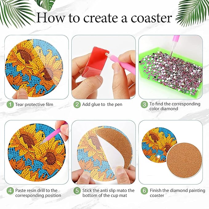 EWJRNSF 6 PCS Diamond Painting Coaster Set - Small Diamond Painting Coasters Kit for Beginners and Adults - Art Craft Supplies Item Sunflower