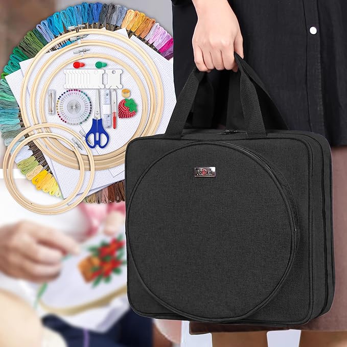 LoDrid Embroidery Kit, Embroidery Project Bag with Embroidery Kit, Portable Craft Carry Case with Starter Kit, Embroidery Supplies Storage Bag and Cross Stitch Kits for Beginners, Adults, Black