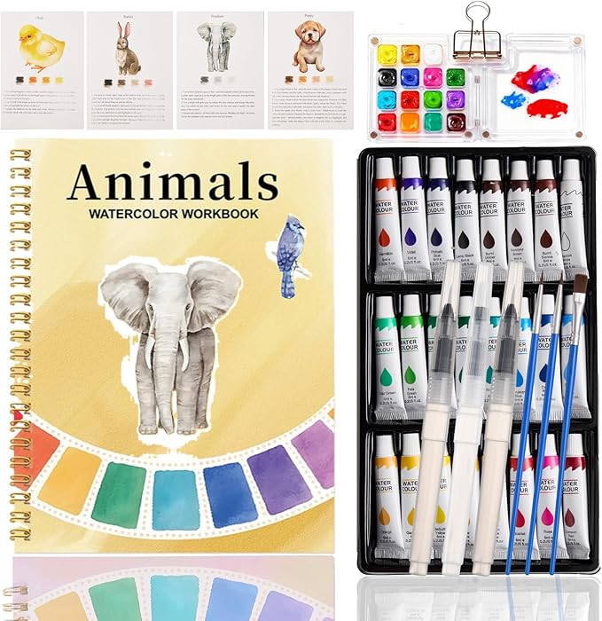 Watercolor Workbook, Water Coloring Book, 24 Colors Watercolor Paint Set with Palette and Brush, 12 Different Patterns of Original DIY Designs, Beginner-Friendly Watercolor Workbook (Animals 2)