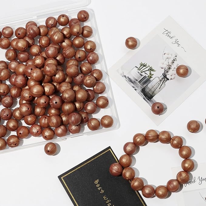 120pcs Richbunnys 15mm Bulk Silicone Beads for Pens and Keychain Making,Large Bead for Necklace and Bracelets Making,Assorted Rubber Beads Set（Pearlescent Copper）