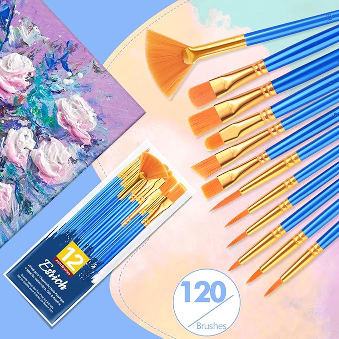 ESRICH Paint Brushes Set,10pack/120pcs Nylon Hair Round-Pointed Tip Acrylic Paint Brush for Watercolor Oil Rock Face Painting,12 Sizes Paint Brush for All Purposes Kids Adult Arts Painting Brush Kits.