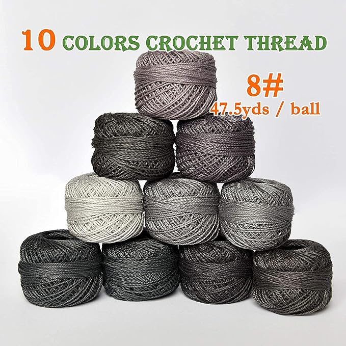 Colored BIRDCrochet Thread, Size 8 Crochet Yarn，2 Ply Cotton Yarn, 10 Balls (Grey Series)