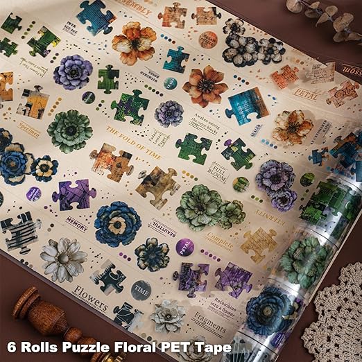 6-Roll Puzzle Piece Floral PET Tape Set – Pre-Cut Transparent Vintage Collage Flower Stickers for Scrapbooks Journals Planners Cards & DIY Craft Decoration