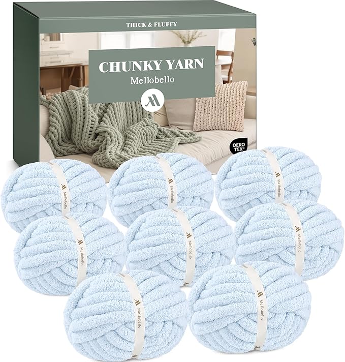 Mellobello Jumbo Chunky Yarn for Hand Knitting - Super Thick Chenille Chunky Yarn for Crocheting - Extra Soft Bulky Fluffy Blanket Big Yarn 8 Jumbo Pack (27yds,8 oz Each Skein) Sky Blue