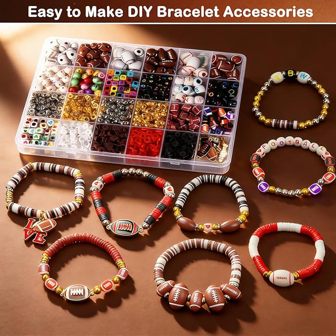 1800+PCS Football Beads Jewelry Making Kit – Acrylic & Polymer Clay Sports Charms, Heishi & Spacer Beads, Letter/Number Beads – DIY Football Bracelets, Necklaces, Keychains, Lanyards Sport Fan Crafts