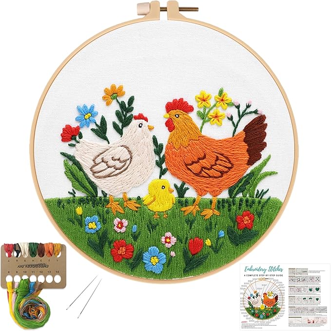 Louise Maelys Funny Animal Embroidery Kits for Beginners,Cross Stitch Kit for Adults,DIY Needlepoint with Hen Rooster Chick and Flower Lawn Pattern