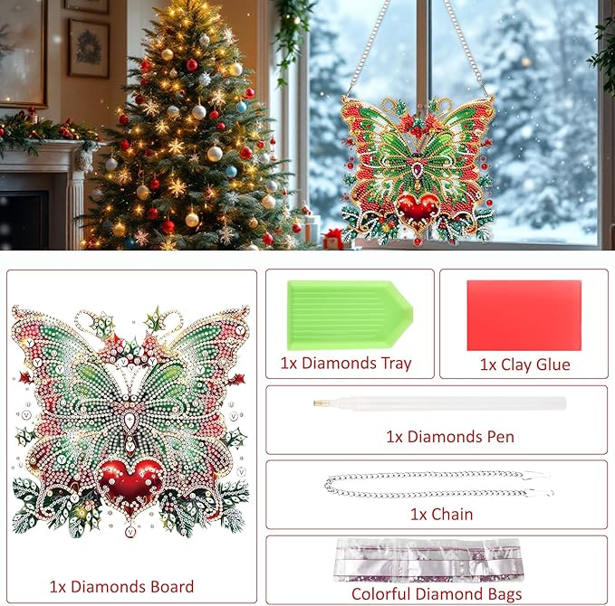 SENQAO Christmas Diamond Art Hanging Kits for Adults, Butterfly Diamond Art Suncatchers, 5D Special Shape Diamond Painting Pendant Window Ornament Gifts for Home Door Wall Decor
