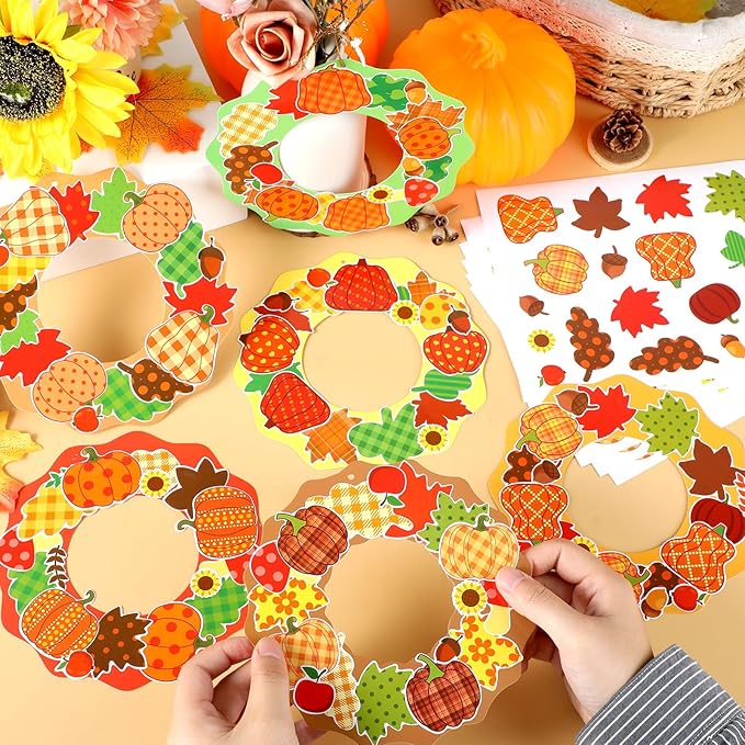 Lonfliness 36 Sets Fall Maple Leaves Pumpkin Wreath Craft Kits Autumn Checkered Polka Dot DIY Wreath Hanging Ornaments Thanksgiving Paper Art Craft for School Classroom Home Party Favors Activities