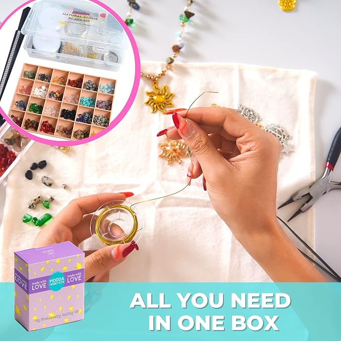 MODDA Natural Stone Jewelry Making Kit - Includes Crystal, Chip Beads, Necklace, Bracelet, Earrings, Ring Making Supplies, Crafts for Adults, Beginners, Christmas Gift for Teens, Girls, Women, Moms