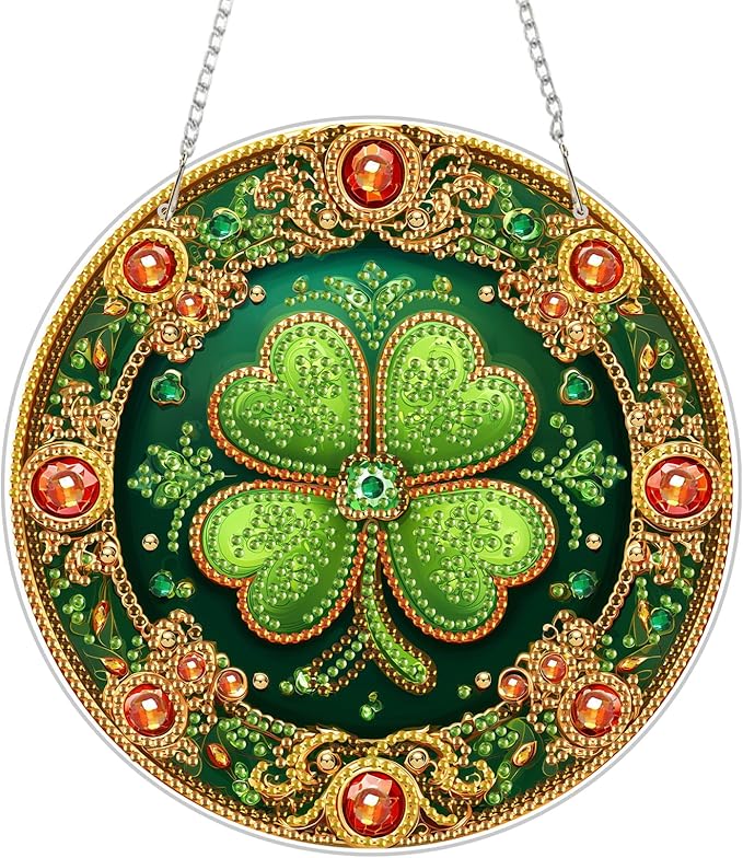 MEIYUDA St. Patrick's Day Hanging Diamond Art Kits for Adult, Lucky Four-Leaf Clover Diamond Painting Kit Ornaments, DIY Special Shaped Rhinestone Window Pendant Kit for Home Garden Wall Decor Gift