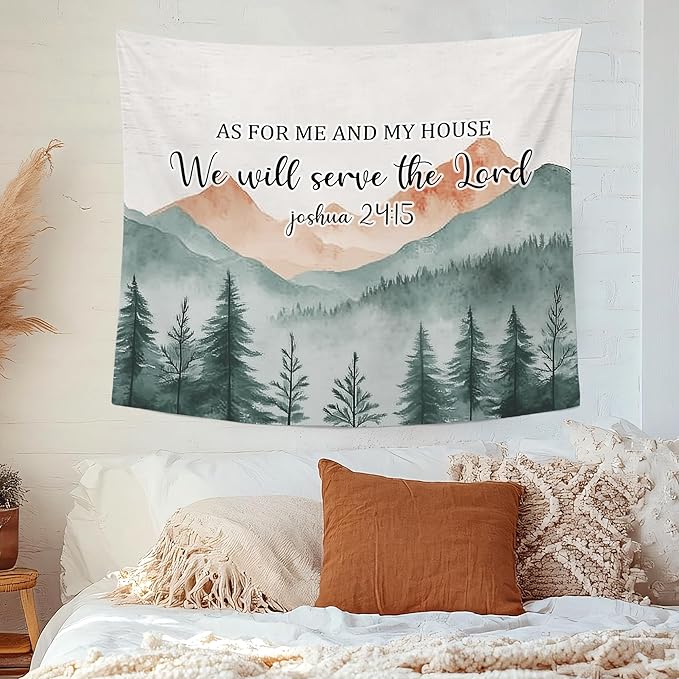 MNASAIOO Christian Mountian Wall Tapestry Hanging for Bedroom, Bible Verse Scripture We Will Serve The Lord Tapestries, Watercolor Religious Wall Decor Banner for Living Prayer Room Church 50x60in