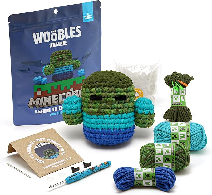 The Woobles Minecraft Crochet Kit – Beginner Crochet Kit for Adults, Easy Knitting Kit with Woobles Yarn, DIY Crafts, Crochet Animals, Minecrafts, Gift for Gamers & Crafters (Zombie)