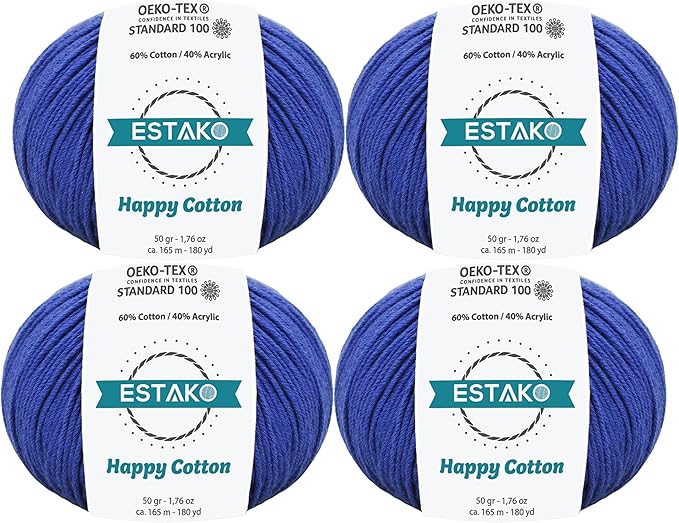 Estako Happy Cotton, (4 Skeins Pack) 60% Cotton 40% Acrylic Yarn, Soft, Fine/Sport (2) for Crochet and Knitting (4 x 1.76 Oz) / (4 x 180 Yrds) (4250 - Royal Blue)