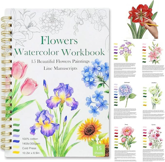 Watercolor Workbook15 Beautiful Flowers Paintings for Adults &Teens Beginners,Water Coloring Book 140lb Cold Press Cotton Watercolor Paper-Ideal Gifts to Spark Creativity Stress Relief(10.2" x 6.9")