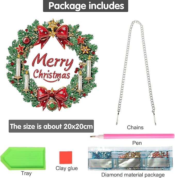 Bimkole Christmas Diamond Art Hanging Kit for Adult, DIY 5D Wreaths Diamond Art Painting Window Pendant, Acrylic Crystal Art Hanging Ornament for Wall Home Garden Front Door Decor - 7.8x7.8 Inch