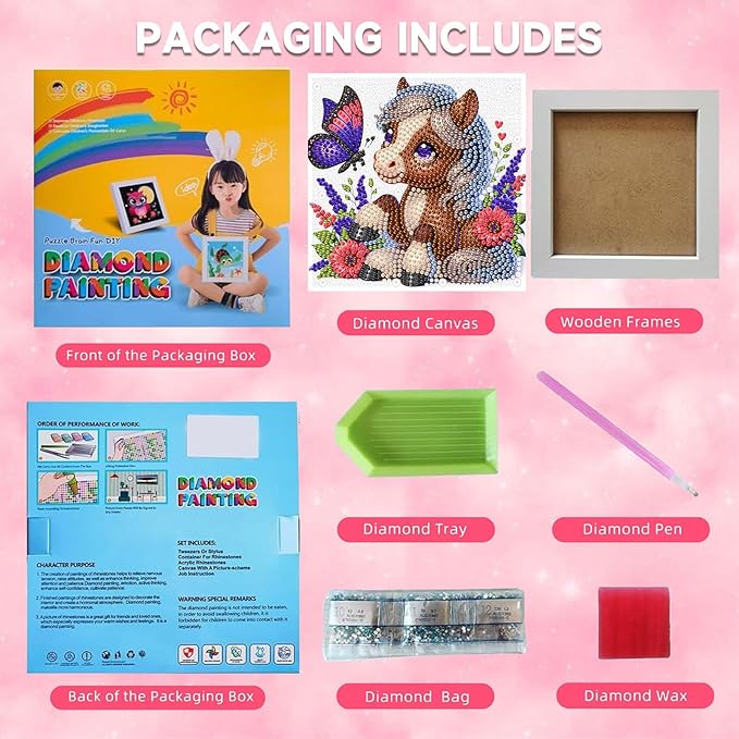 Horse Diamond Art Painting Kits for Kids with Frame, Animal Diamond Art for Kids Ages 4-8-12 with Frame, Easy Small Cute Gem Painting Kit for Gift Home Wall Decoration (7x7 inch)