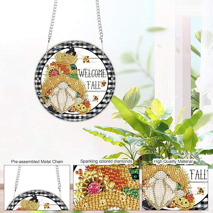 AiYuanzsh Welcome Fall Diamond Painting Hanging Kit, DIY Gnome Crystal Acrylic Pendant Ornament, 5D Diamond Art Hanging for Adults, Autumn Thanksgiving Wall, Window, Door Decoration