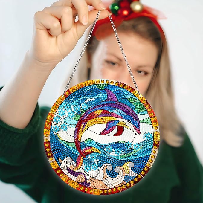 Pavemlo Hanging Diamond Art Kits for Adults Dolphin – 8x8 Inch Double-Sided Acrylic Board DIY Crystal Diamond Suncatcher Pendant, Sparkling Home Wall or Window Decoration Handmade Gift
