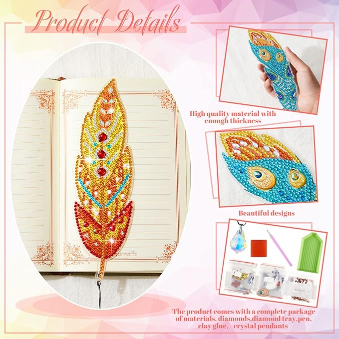 Henoyso 6 Pcs Diamond Painting Bookmarks Kits DIY 5d Feather Bookmark Rhinestone DIY Bookmarks Crystal Diamond Art Acrylic for Crafts Gifts Adult Arts Supply