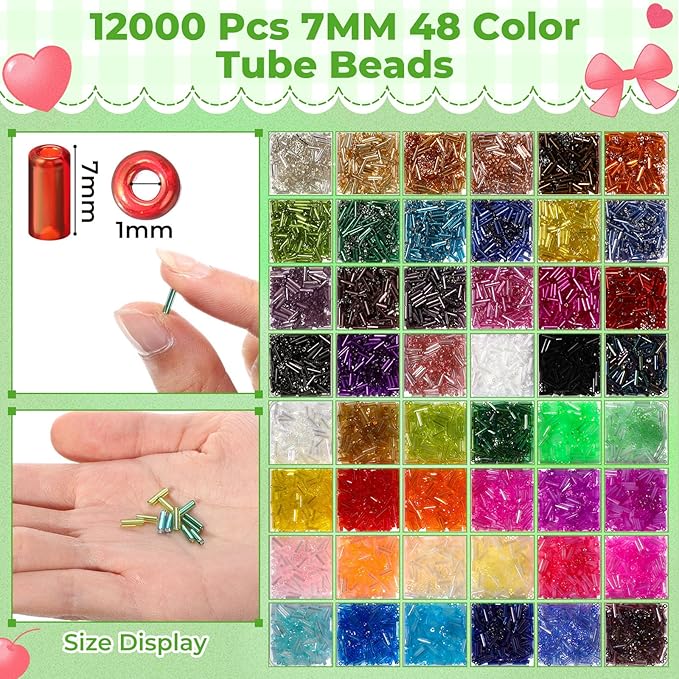 Tondiamo 32000 Pcs 2mm Glass Seed Beads and 12000 Pcs 7mm Tube Beads Set, Small Craft for DIY Bracelet Necklaces Crafting Jewelry Making Supplies with Beading Needles Elastic Strings, 48 Colors