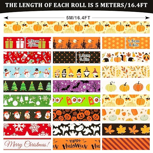 Whaline 24 Rolls Fall Halloween Washi Tape Holiday Washi Tape Set Thanksgiving Fall Leaves Pumpkin Masking Tape Thanksgiving Autumn Winter Christmas Tape for Scrapbook Journal DIY Art Craft