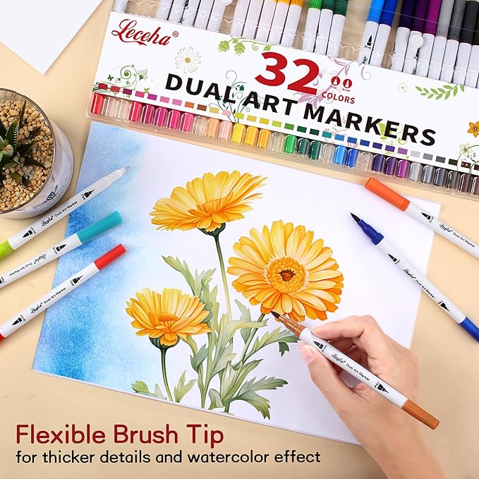 Dual Tip Art Markers for Adult Coloring Books,Fine and Brush Tip 32 Colored Pens Watercolor Pens for Journaling Note Taking Writing Planning Art Supplies