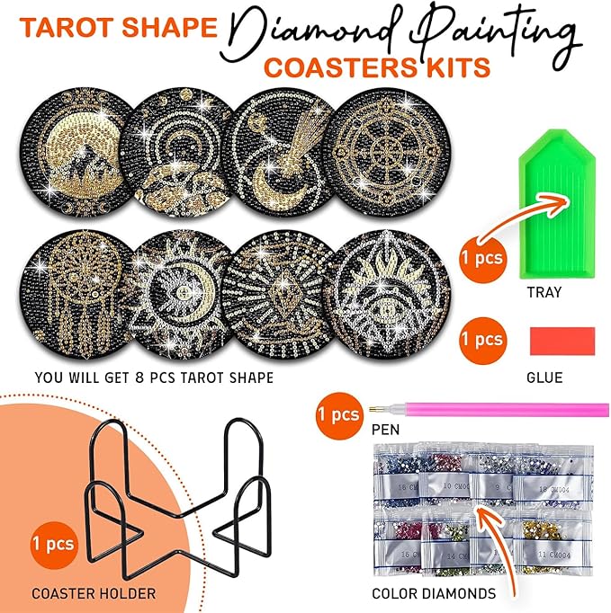 8 pcs Diamond Painting Coasters | Diamond Art Coasters | Tarot Diamond Art Painting | Perfect Art Craft Gift for Tarot Lover, Dad, Mom, Grandparents, Brother, Sister.