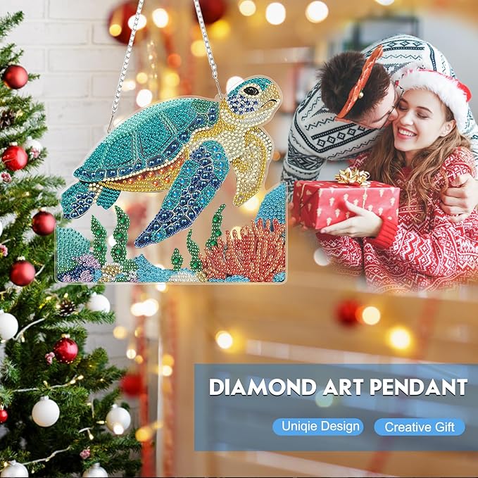 NEWENMO Hanging Diamond Art Kit for Adult, Sea Turtle, 5D Special Shaped Rhinestone Diamond Painting Ornament, Marine Animals, DIY Acrylic Diamond Art Painting Window Pendants Home Garden Wall Decor
